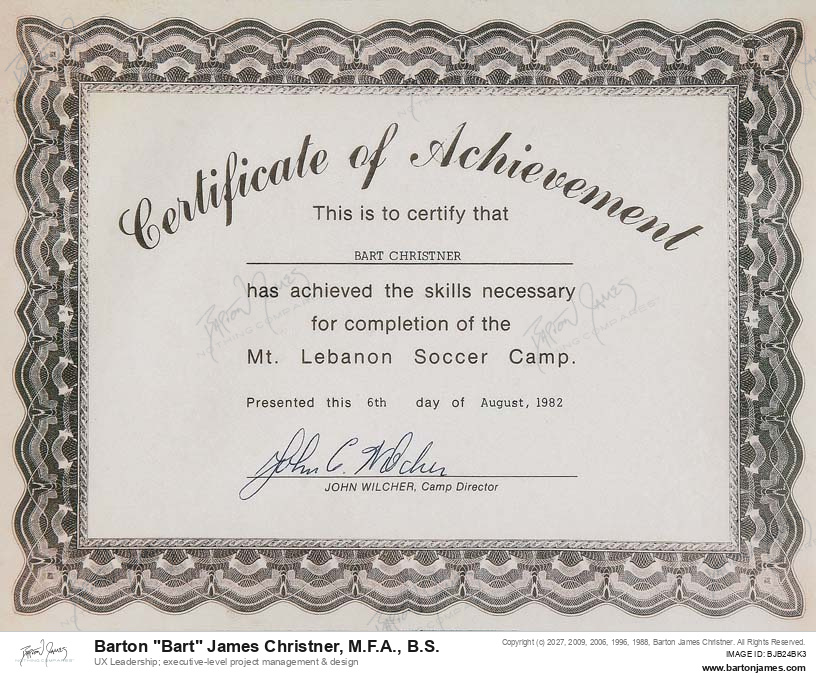 19820806 COMPLETION Mt Lebanon Soccer CERTIFICATE