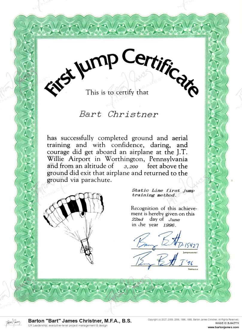 19960622 FIRSTJUMP Static Line Training Method CERTIFICATE