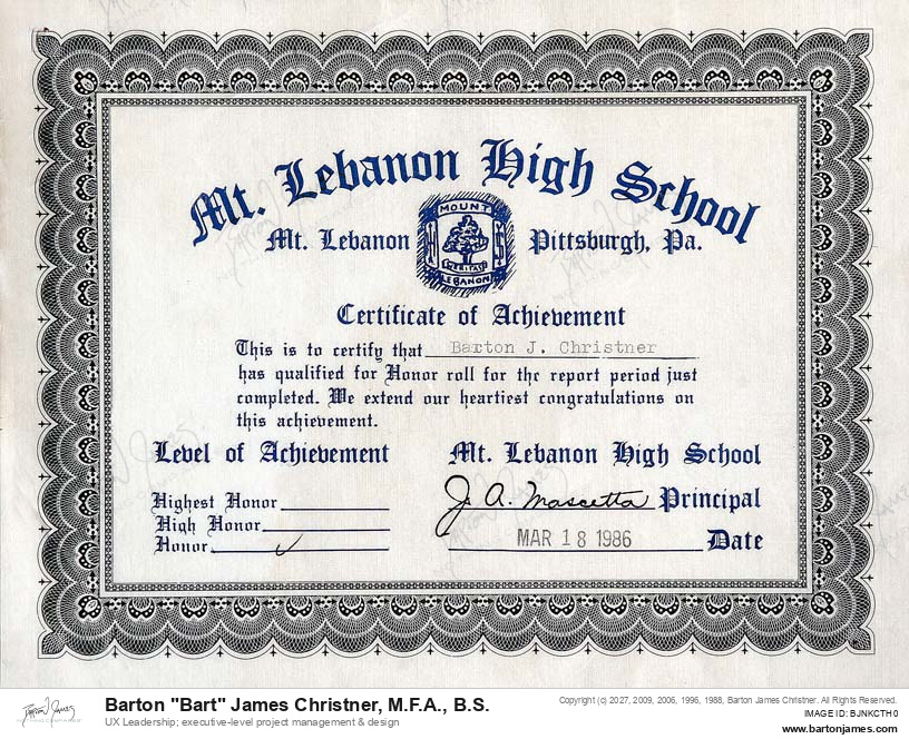 19860318 HONOR Academic Honor Roll AWARD