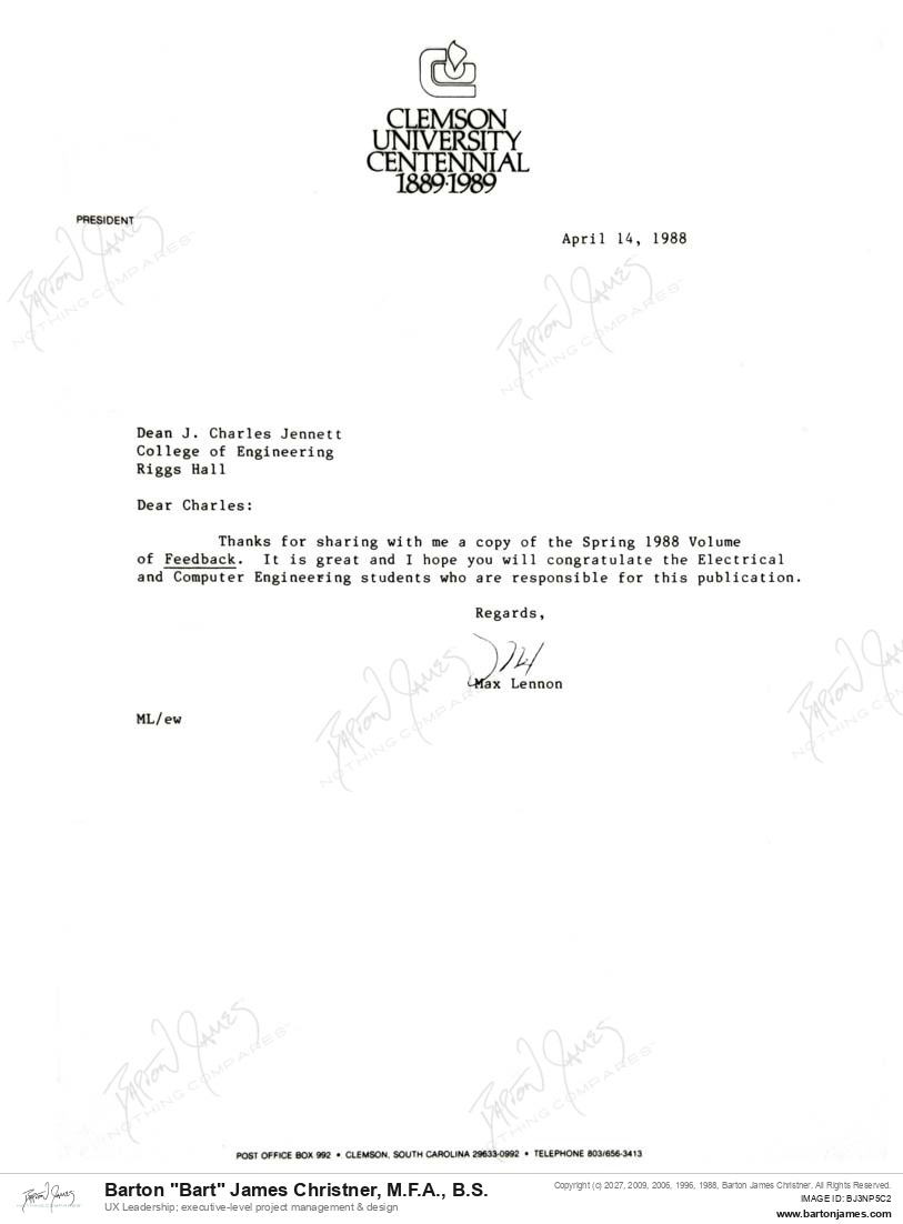 19880414 CONGRATS Max Lennon LETTER