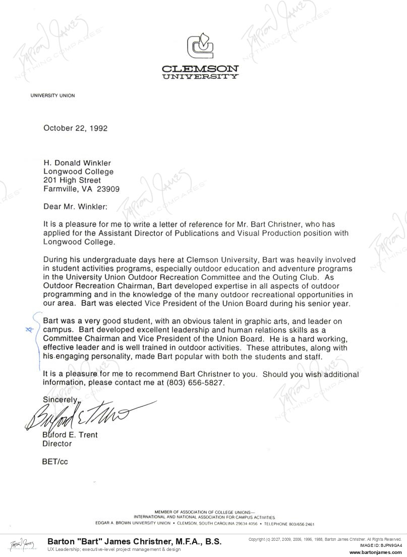 19921022 REFERENCE Butch Trent LETTER