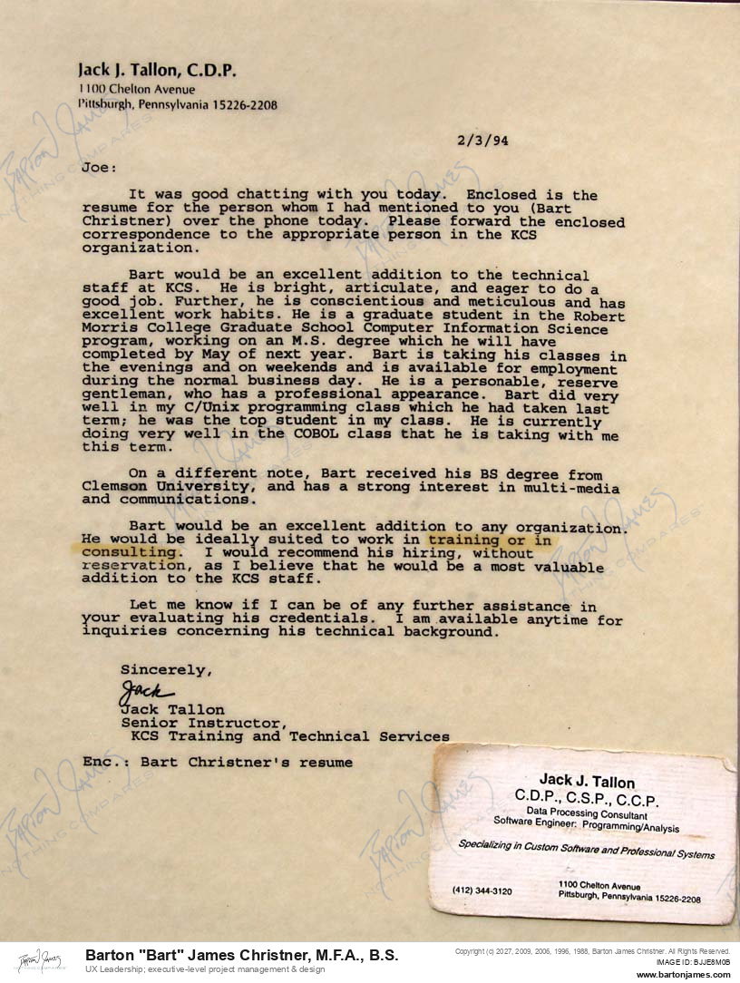 19940203 ENDORSE Jack Tallon LETTER