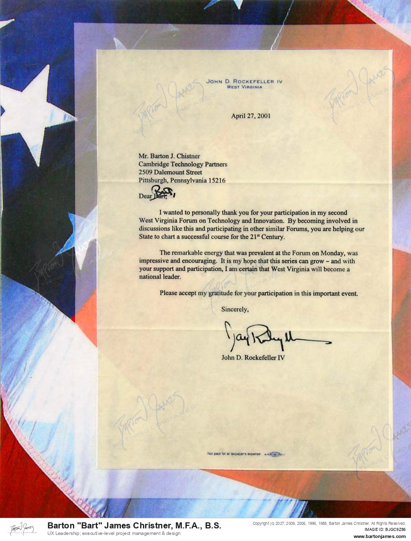 20010427 RECOGNIZE John DRockefeller IV LETTER