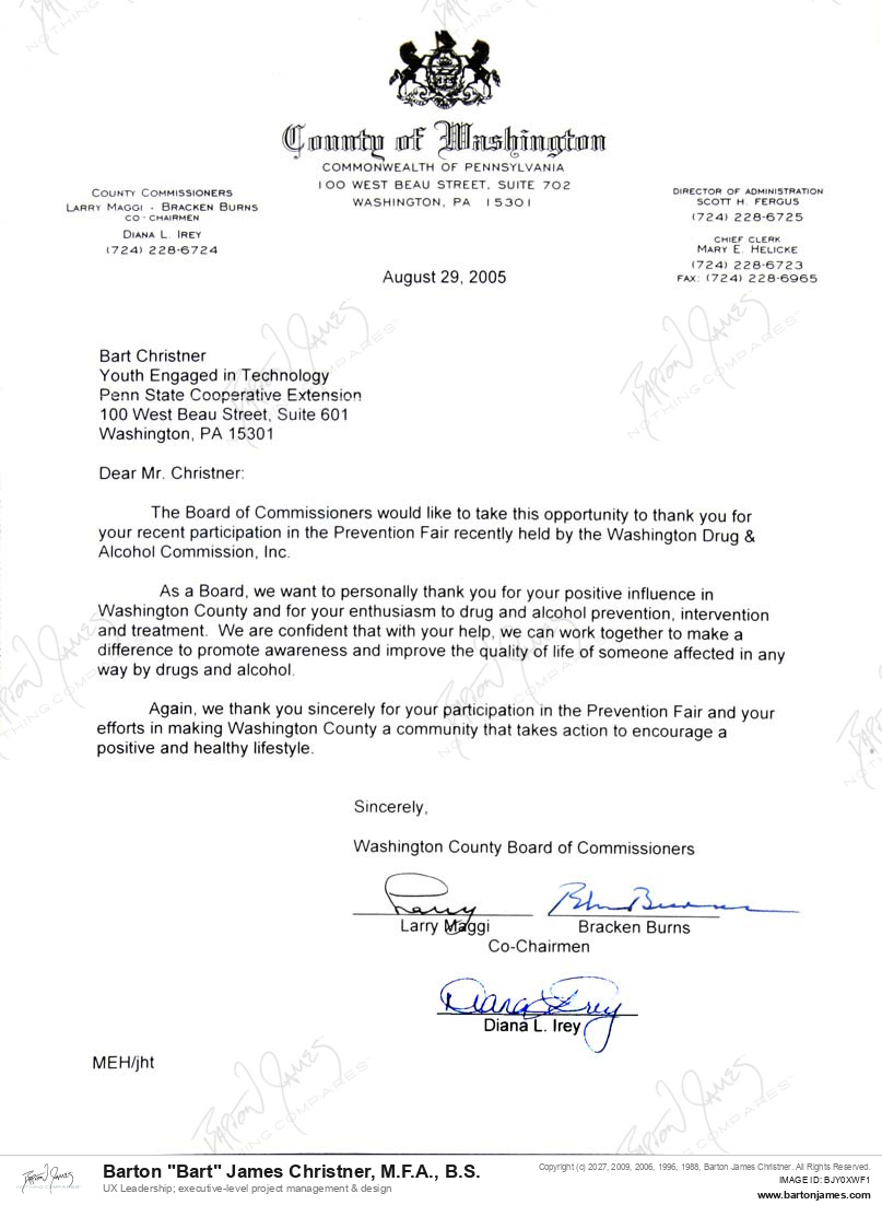 20050829 THANKS Board Of Commissioners LETTER