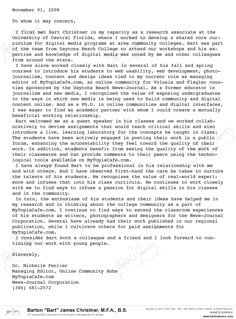 20081101 SUPPORT Michelle Ferrier LETTER