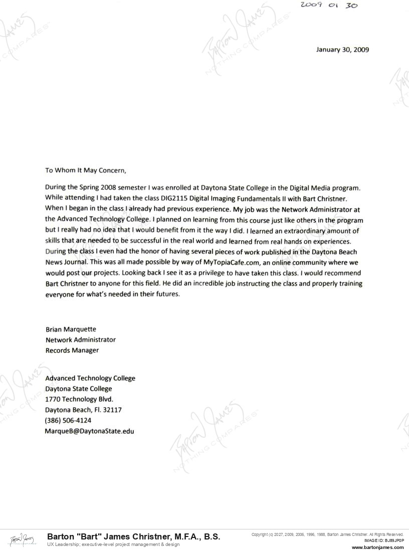 20090130 COMMEND Brian Marquette LETTER