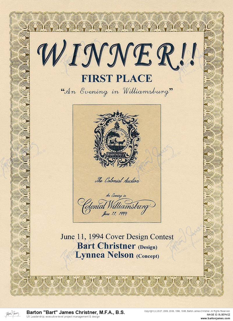 19940611 FIRSTPLACE Colonial Williamsburg Cover AWARD