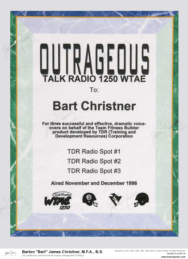 19961201 OUTRAGEOUS WTAEChannel4Voice Over AWARD