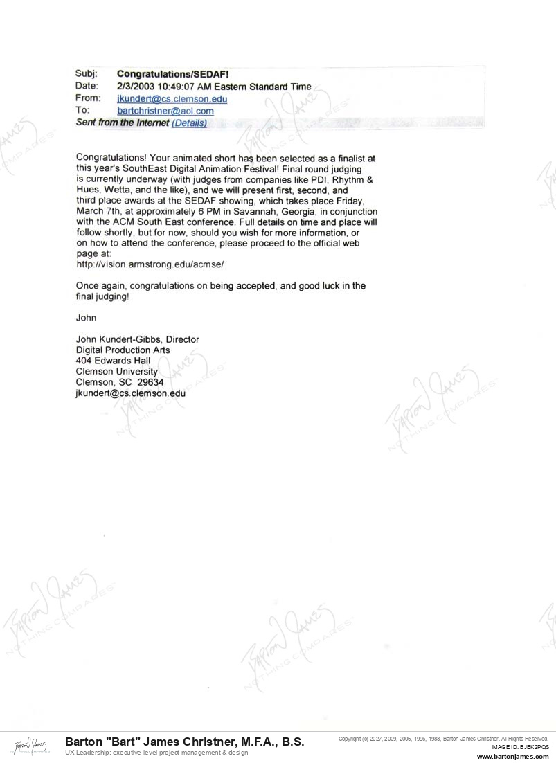 20030203 SELECTED SEDigital Animation Festival FINALIST