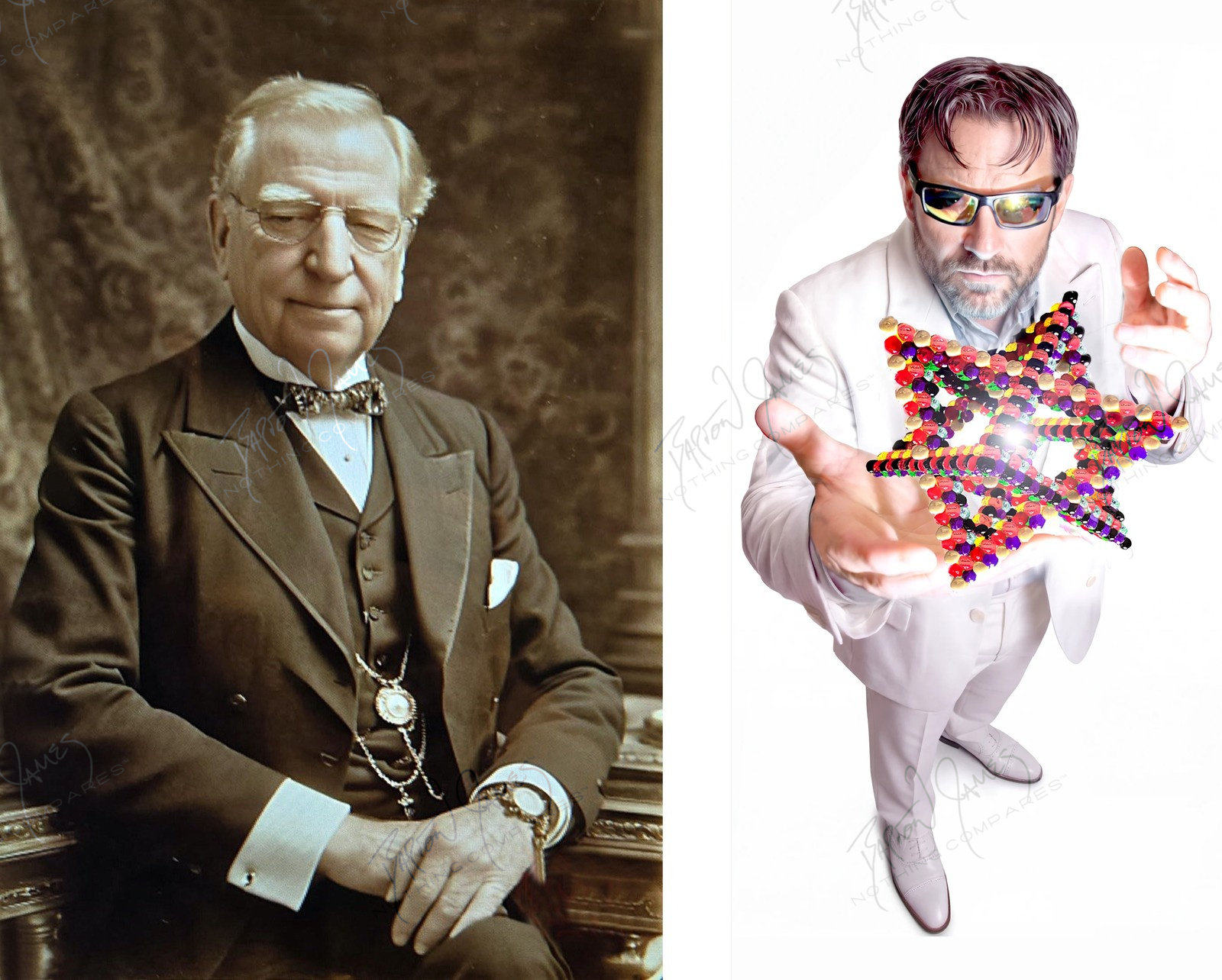 Dr. Lawrence A. Spalla in a sepia portrait, and Barton James Christner in a white suit and sunglasses, a glowing star of spheres between his hands